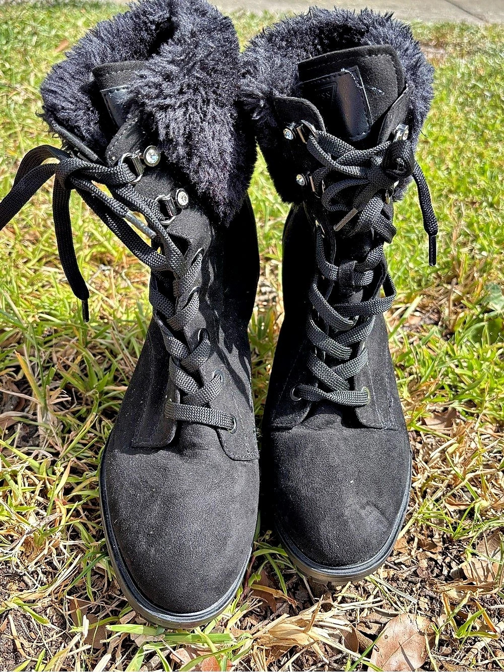 Guess Black Faux-Fur Lace-Up Heeled Boots US 8M